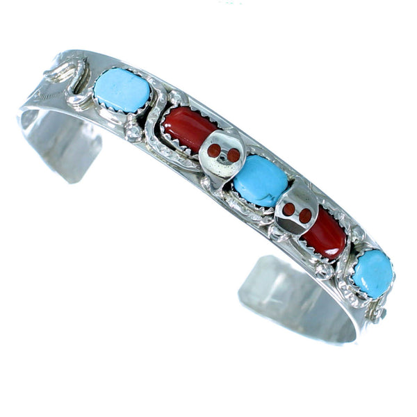 Turquoise Coral Zuni Effie Calavaza Snake Sterling Silver Cuff Bracelet RX109113